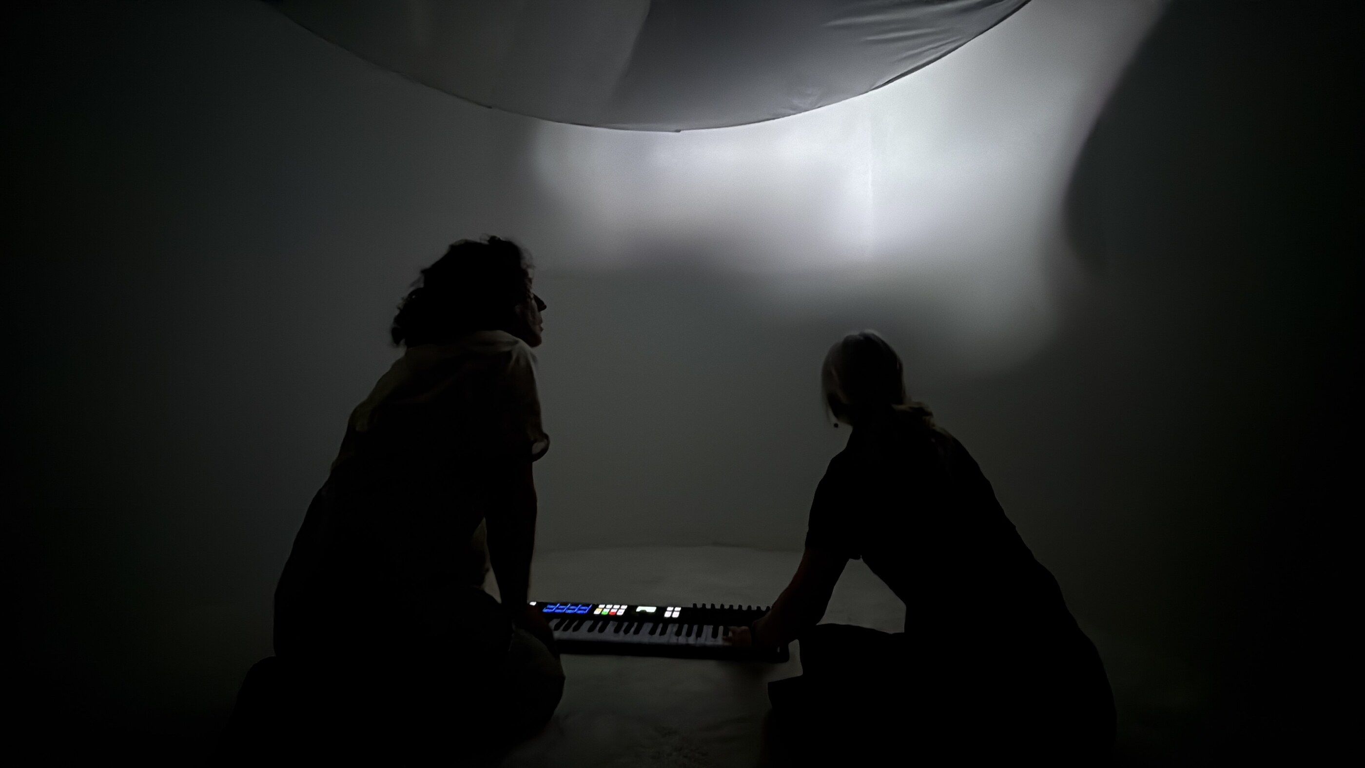 Two visitors at the keyboard, silhouetted against the white of the display.
